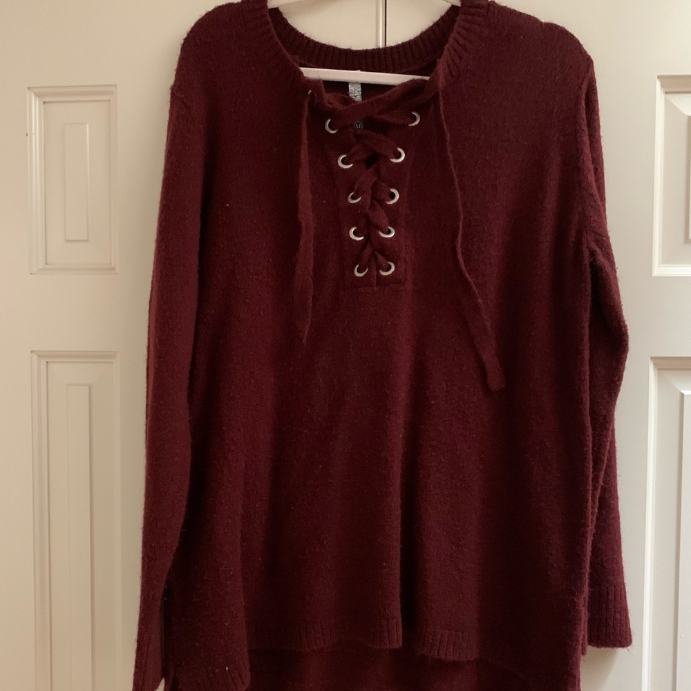 Kensie Lace Up Wine Sweater XL